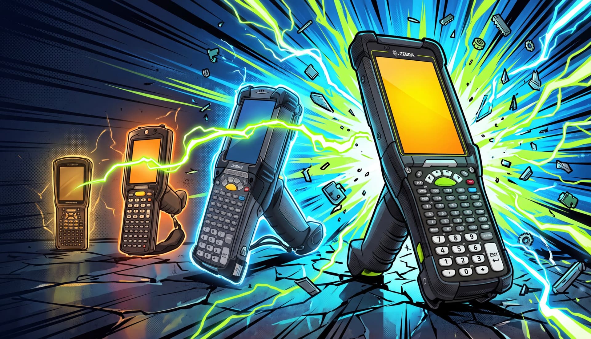 Cztery generacje terminali mobilnych, które serwisujemy: Psion Workabout Pro 3, Symbol MC3000, Motorola MC9190-G i Zebra MC9400